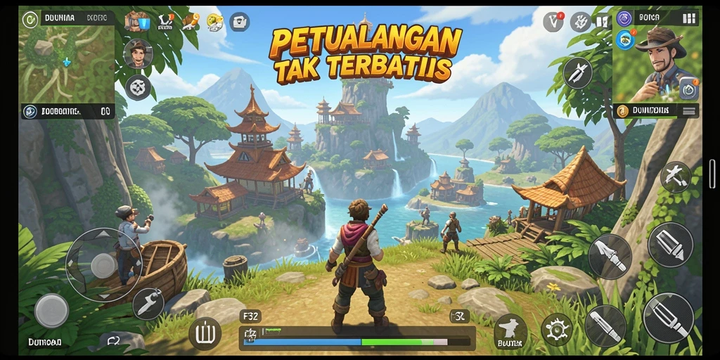 Screenshot gameplay F32 menampilkan petualangan di dunia terbuka.
