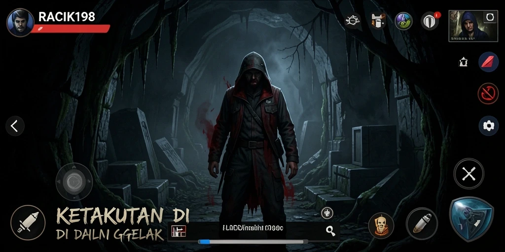Tangkapan layar menakutkan dari gameplay RACIK198 yang intens.