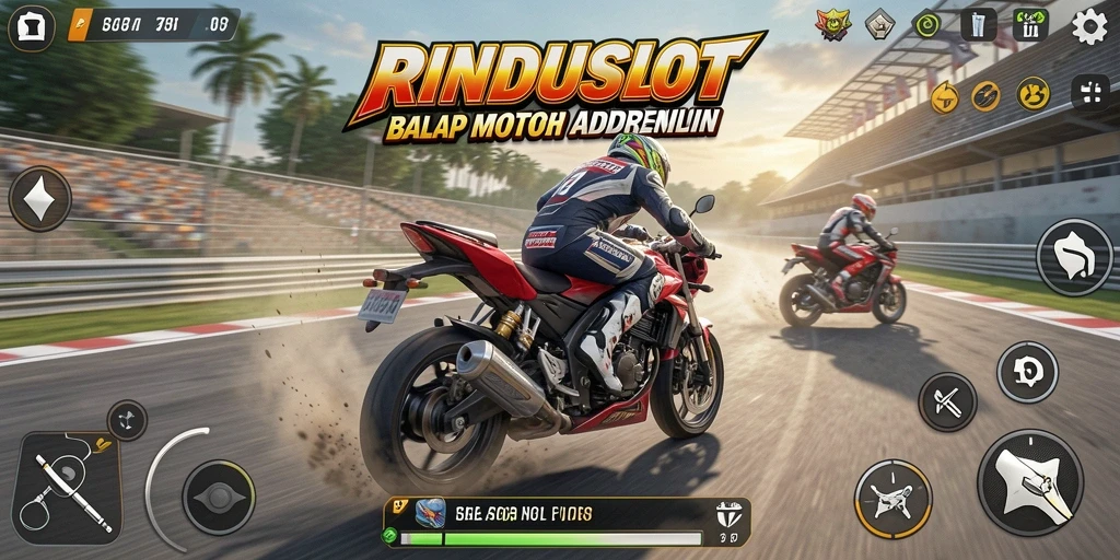 Tampilan gameplay <strong>RINDUSLOT</strong> yang menegangkan saat balapan motor.