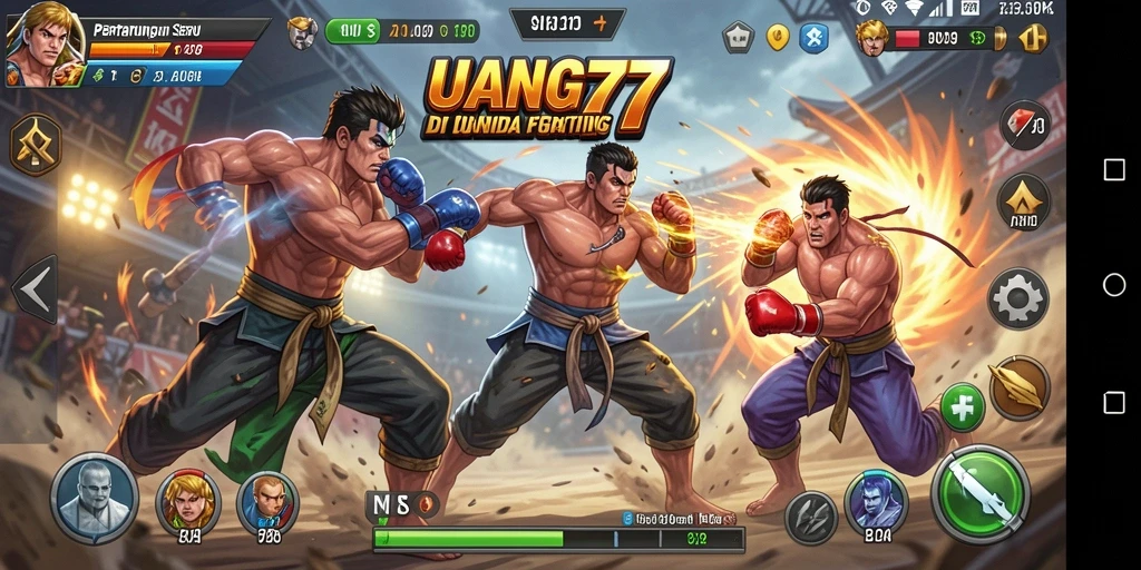 Screenshot gameplay UANG77 menampilkan pertarungan seru antara karakter yang berbeda.