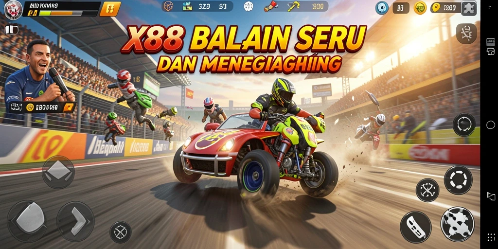 Gameplay X88 yang menegangkan dengan kendaraan balap cepat dan lintasan menantang.